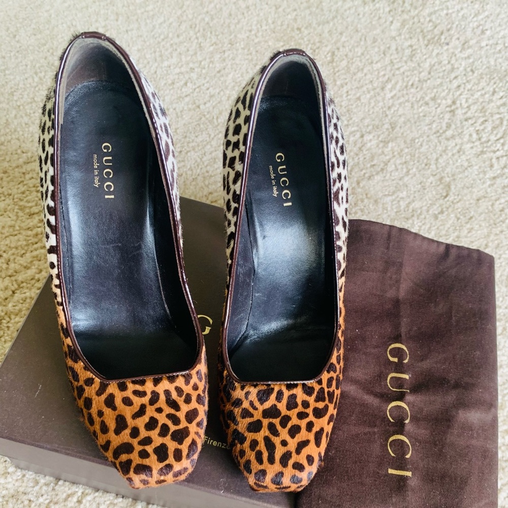 Gucci square toe pony hair animal print platforms